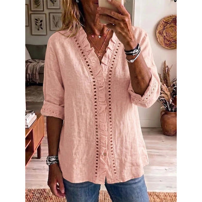 👚✨Damen-Bluse mit V-Ausschnitt und Rüschen – Mühelos Femininer Alltagsstil🌸