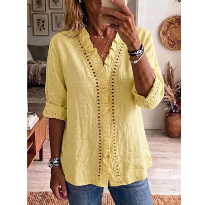 👚✨Damen-Bluse mit V-Ausschnitt und Rüschen – Mühelos Femininer Alltagsstil🌸