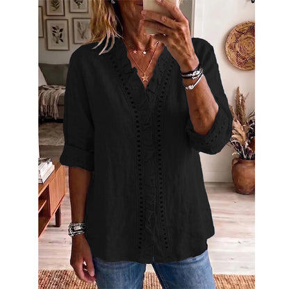 👚✨Damen-Bluse mit V-Ausschnitt und Rüschen – Mühelos Femininer Alltagsstil🌸