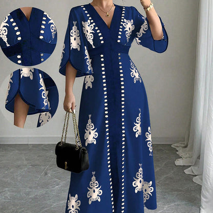 👗 Elegantes Maxikleid mit V-Ausschnitt und Print für Damen – Elegant, schmeichelhaft & mühelos schick ✨