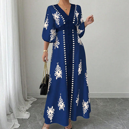 👗 Elegantes Maxikleid mit V-Ausschnitt und Print für Damen – Elegant, schmeichelhaft & mühelos schick ✨