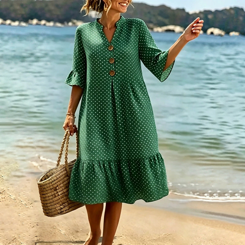 👗Damen-Sommerkleid mit Tupfen und Rüschenärmeln – Mühelos schick & Figurschmeichelnd ✨