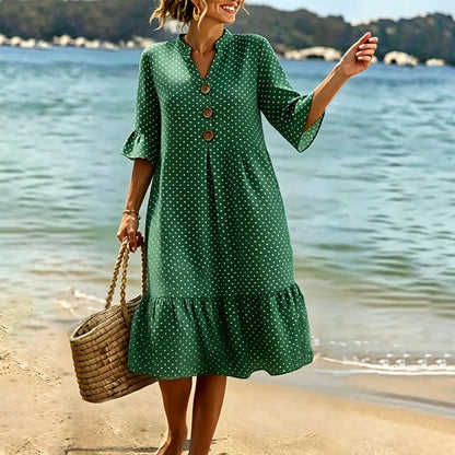 👗Damen-Sommerkleid mit Tupfen und Rüschenärmeln – Mühelos schick & Figurschmeichelnd ✨