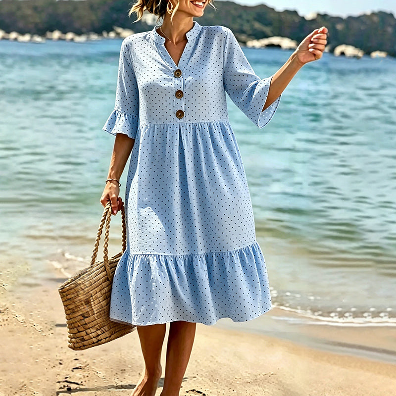👗Damen-Sommerkleid mit Tupfen und Rüschenärmeln – Mühelos schick & Figurschmeichelnd ✨