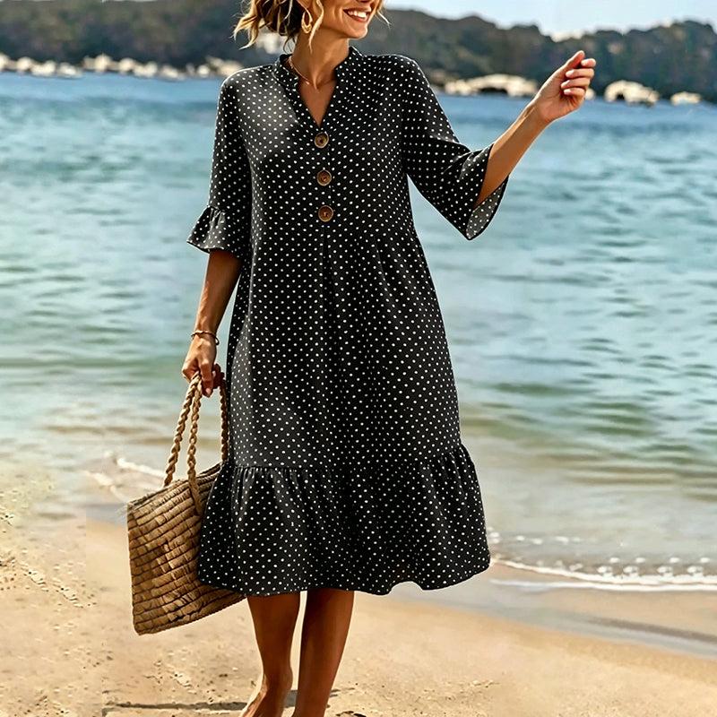 👗Damen-Sommerkleid mit Tupfen und Rüschenärmeln – Mühelos schick & Figurschmeichelnd ✨