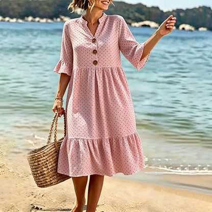 👗Damen-Sommerkleid mit Tupfen und Rüschenärmeln – Mühelos schick & Figurschmeichelnd ✨