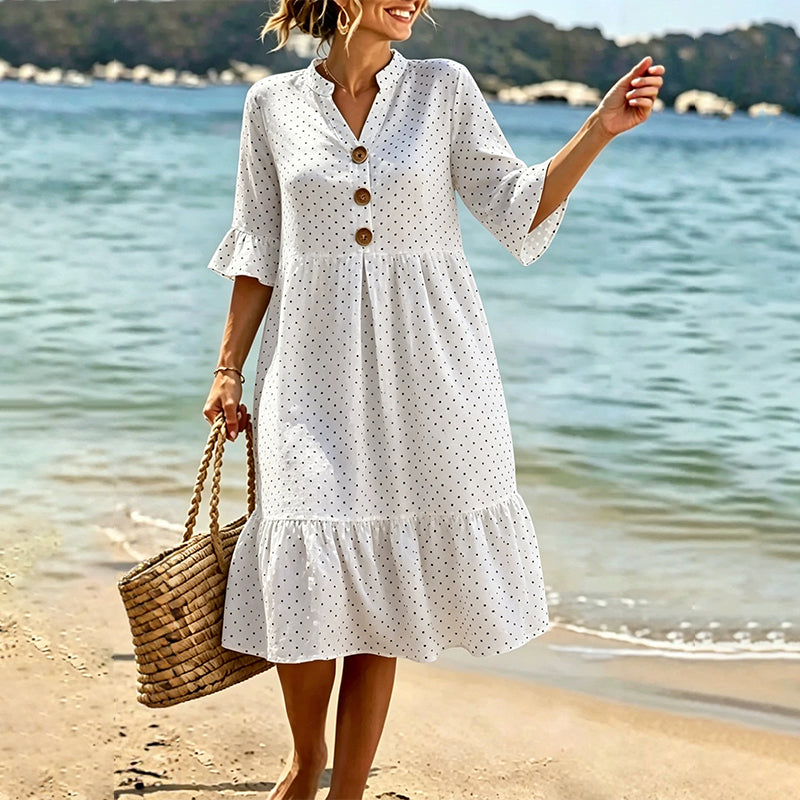 👗Damen-Sommerkleid mit Tupfen und Rüschenärmeln – Mühelos schick & Figurschmeichelnd ✨