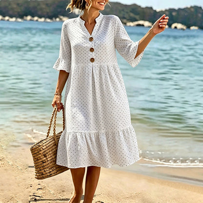 👗Damen-Sommerkleid mit Tupfen und Rüschenärmeln – Mühelos schick & Figurschmeichelnd ✨