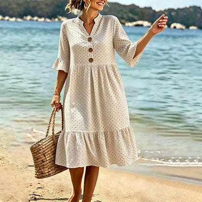 👗Damen-Sommerkleid mit Tupfen und Rüschenärmeln – Mühelos schick & Figurschmeichelnd ✨