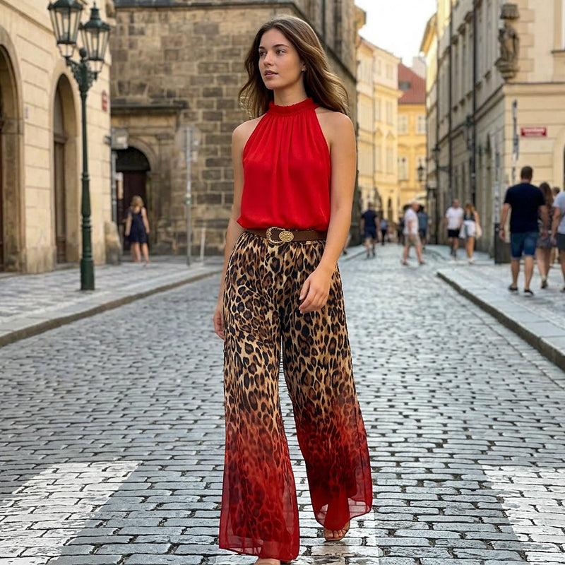 👗Women’s Halter Sleeveless Top & Leopard Pants Set-Leg Pants Set – Bold, Chic & Effortless Summer Outfit🔥