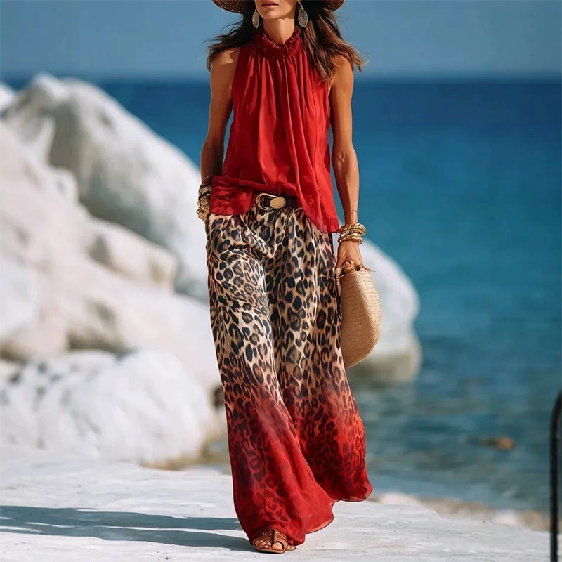 👗Women’s Halter Sleeveless Top & Leopard Pants Set-Leg Pants Set – Bold, Chic & Effortless Summer Outfit🔥