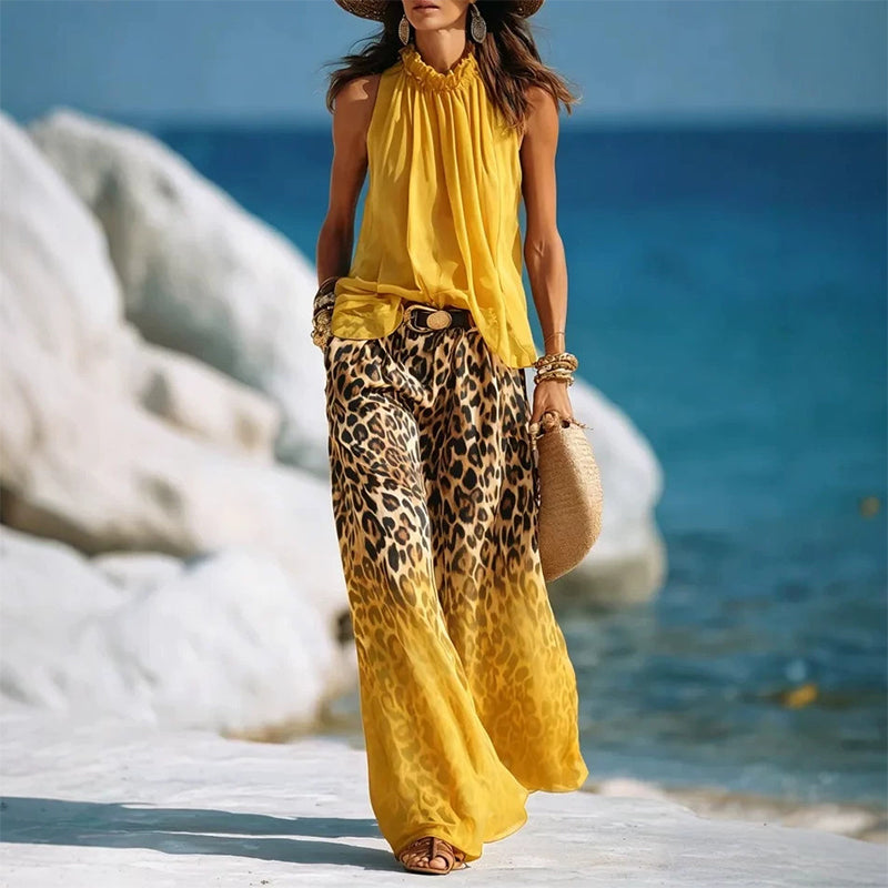 👗Women’s Halter Sleeveless Top & Leopard Pants Set-Leg Pants Set – Bold, Chic & Effortless Summer Outfit🔥