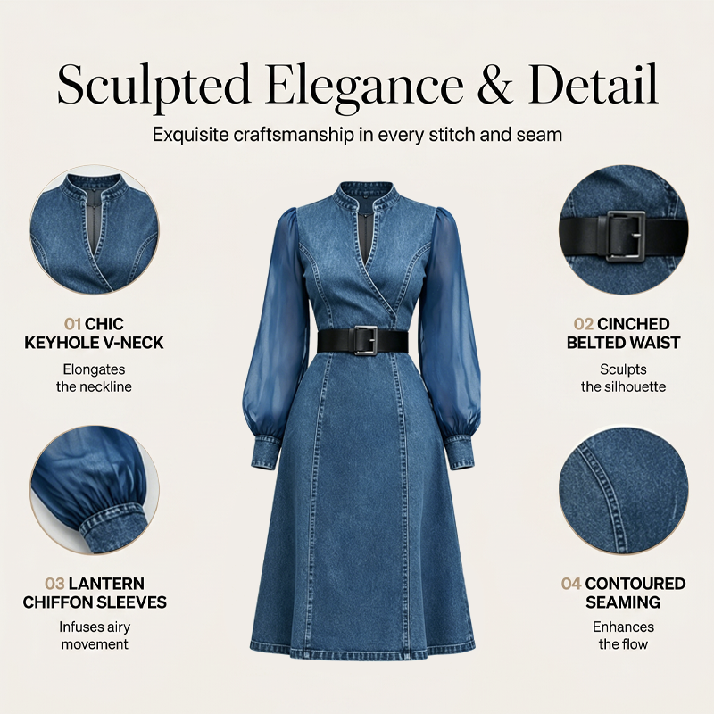 👗Slim Fit Stand Collar Denim Midi Dress– Elegant Everyday Chic✨