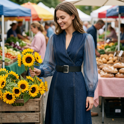 👗Slim Fit Stand Collar Denim Midi Dress– Elegant Everyday Chic✨