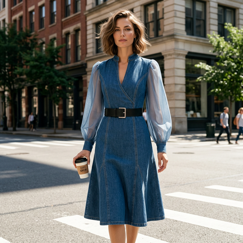 👗Slim Fit Stand Collar Denim Midi Dress– Elegant Everyday Chic✨