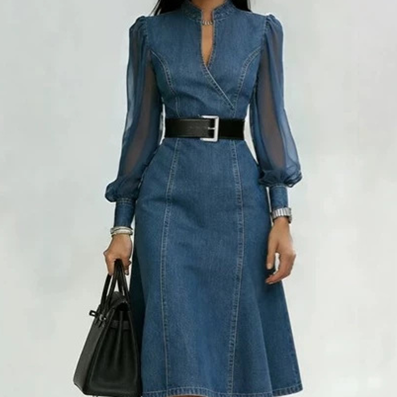 👗Slim Fit Stand Collar Denim Midi Dress– Elegant Everyday Chic✨