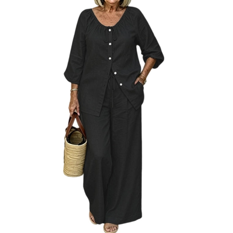 👗Women’s Button-Down Drawstring Top & Wide-Leg Trouser Set – Effortless Everyday Chic✨