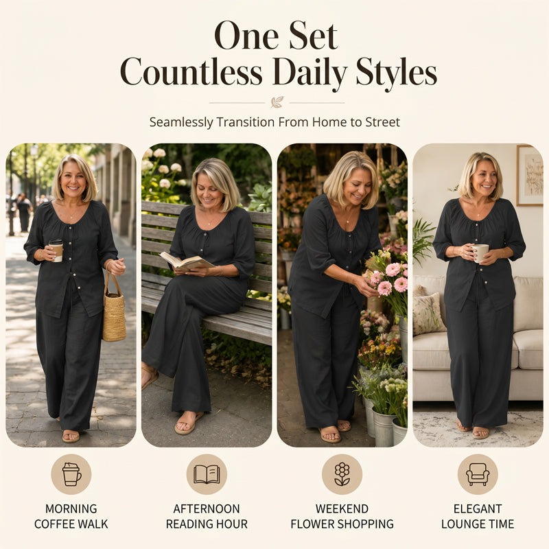 👗Women’s Button-Down Drawstring Top & Wide-Leg Trouser Set – Effortless Everyday Chic✨