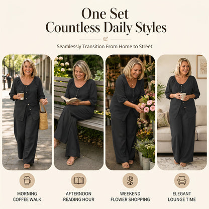 👗Women’s Button-Down Drawstring Top & Wide-Leg Trouser Set – Effortless Everyday Chic✨
