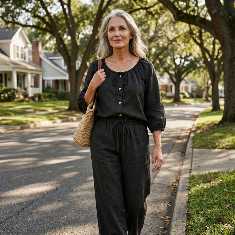 👗Women’s Button-Down Drawstring Top & Wide-Leg Trouser Set – Effortless Everyday Chic✨