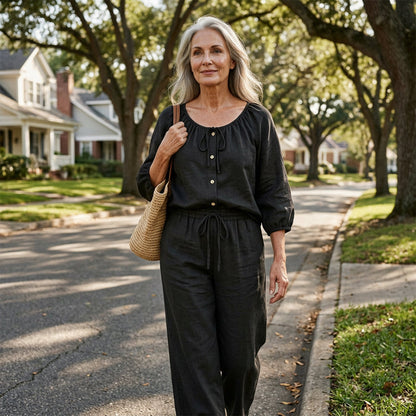 👗Women’s Button-Down Drawstring Top & Wide-Leg Trouser Set – Effortless Everyday Chic✨