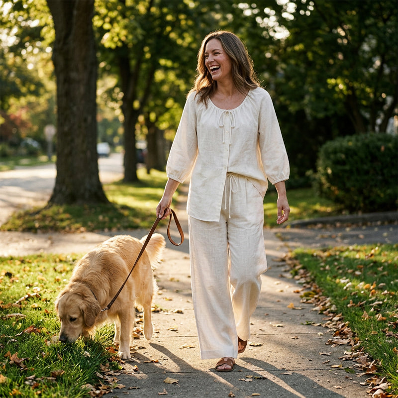 👗Women’s Button-Down Drawstring Top & Wide-Leg Trouser Set – Effortless Everyday Chic✨