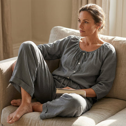 👗Women’s Button-Down Drawstring Top & Wide-Leg Trouser Set – Effortless Everyday Chic✨
