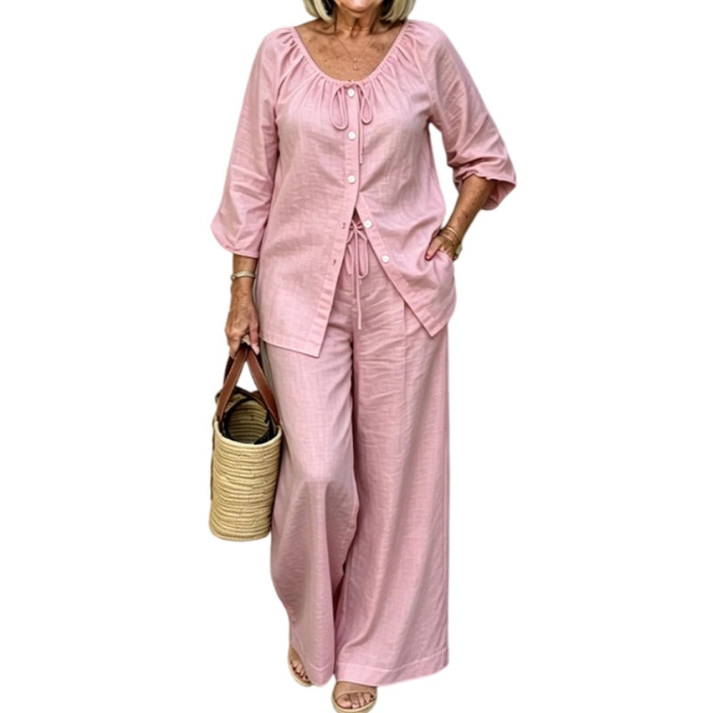 👗Women’s Button-Down Drawstring Top & Wide-Leg Trouser Set – Effortless Everyday Chic✨