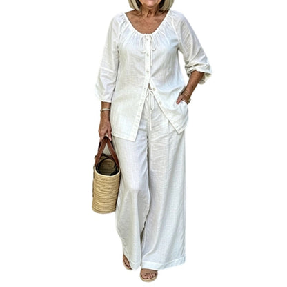 👗Women’s Button-Down Drawstring Top & Wide-Leg Trouser Set – Effortless Everyday Chic✨
