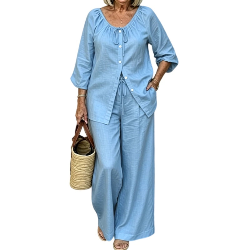 👗Women’s Button-Down Drawstring Top & Wide-Leg Trouser Set – Effortless Everyday Chic✨