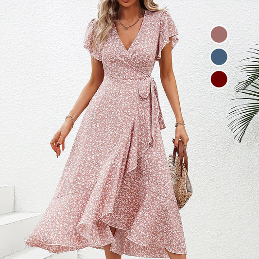 👗Women’s Summer Elegant V Neck Tie Waist Flowy Floral Dress– Flattering Summer Chic✨