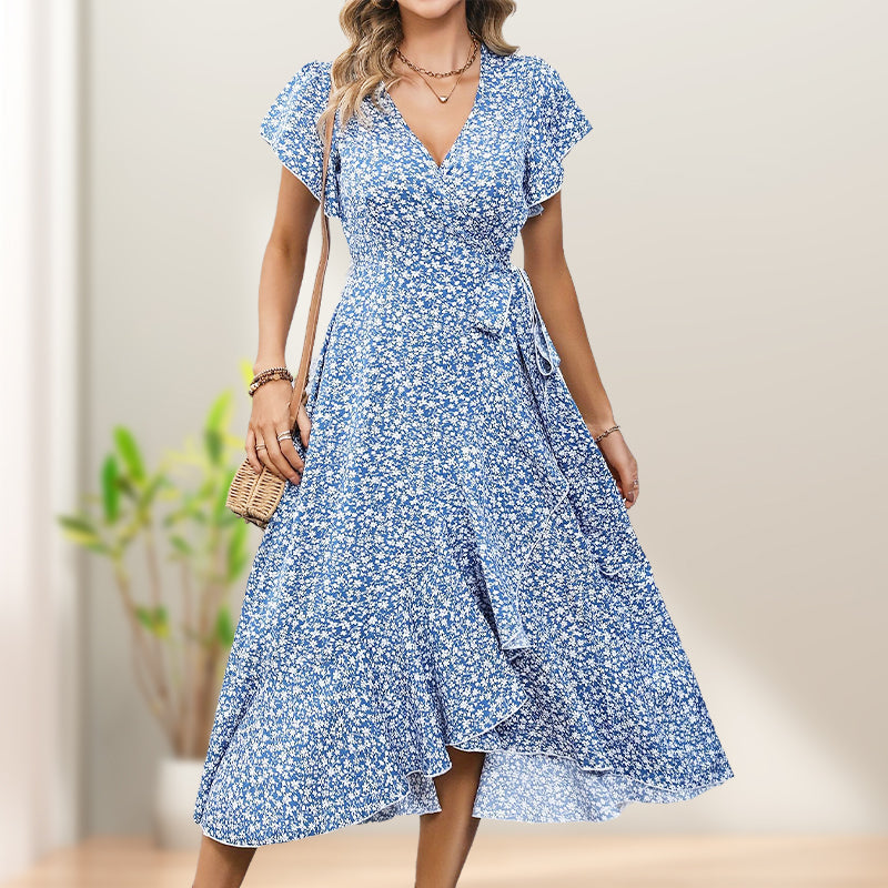 👗Damen Sommer Eleganz V-Ausschnitt Bindegürtel Flowy Blumenkleid – Figurschmeichelnd Sommer Chic✨