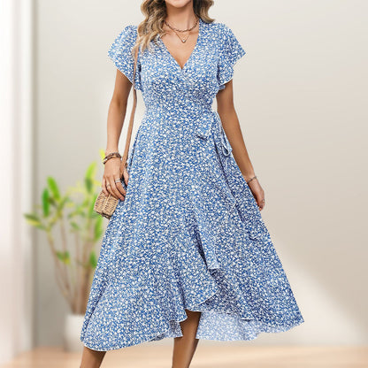 👗Damen Sommer Eleganz V-Ausschnitt Bindegürtel Flowy Blumenkleid – Figurschmeichelnd Sommer Chic✨