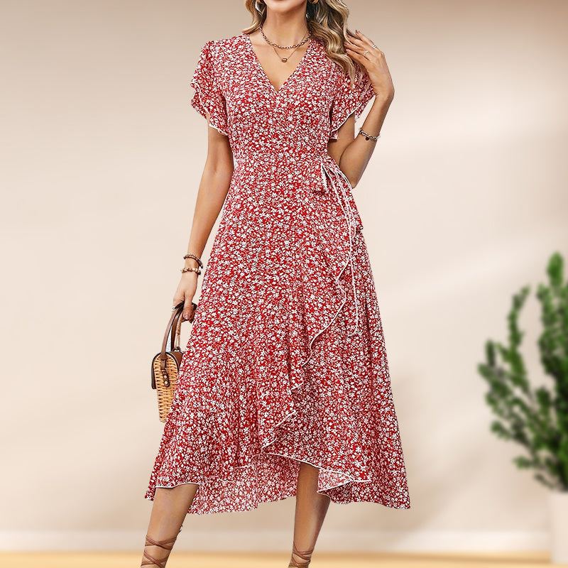 👗Damen Sommer Eleganz V-Ausschnitt Bindegürtel Flowy Blumenkleid – Figurschmeichelnd Sommer Chic✨