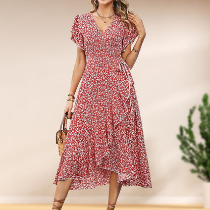 👗Damen Sommer Eleganz V-Ausschnitt Bindegürtel Flowy Blumenkleid – Figurschmeichelnd Sommer Chic✨