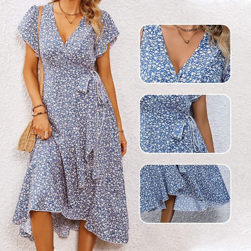 👗Damen Sommer Eleganz V-Ausschnitt Bindegürtel Flowy Blumenkleid – Figurschmeichelnd Sommer Chic✨