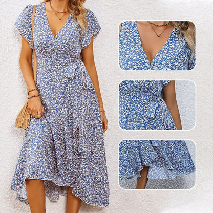 👗Damen Sommer Eleganz V-Ausschnitt Bindegürtel Flowy Blumenkleid – Figurschmeichelnd Sommer Chic✨