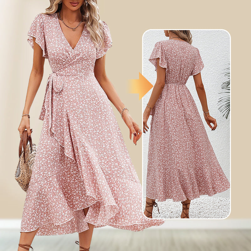 👗Damen Sommer Eleganz V-Ausschnitt Bindegürtel Flowy Blumenkleid – Figurschmeichelnd Sommer Chic✨