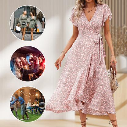 👗Damen Sommer Eleganz V-Ausschnitt Bindegürtel Flowy Blumenkleid – Figurschmeichelnd Sommer Chic✨