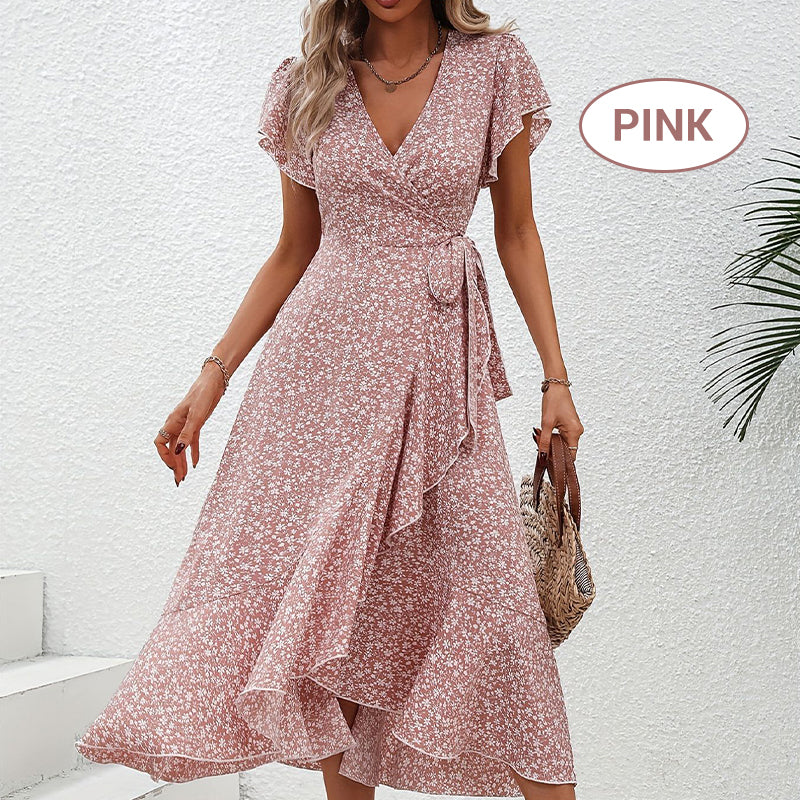 👗Damen Sommer Eleganz V-Ausschnitt Bindegürtel Flowy Blumenkleid – Figurschmeichelnd Sommer Chic✨