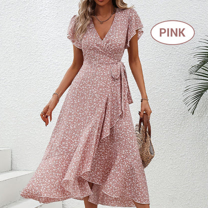 👗Damen Sommer Eleganz V-Ausschnitt Bindegürtel Flowy Blumenkleid – Figurschmeichelnd Sommer Chic✨