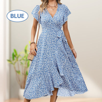👗Damen Sommer Eleganz V-Ausschnitt Bindegürtel Flowy Blumenkleid – Figurschmeichelnd Sommer Chic✨