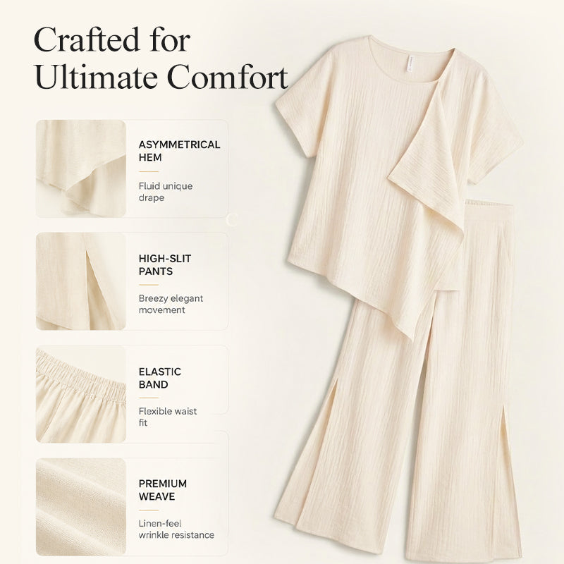 👗Damen-Set mit asymmetrischem Oberteil und Hose mit weitem Bein – elegantes Statement-Zweiteiler ✨