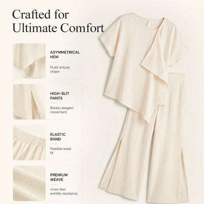 👗Damen-Set mit asymmetrischem Oberteil und Hose mit weitem Bein – elegantes Statement-Zweiteiler ✨