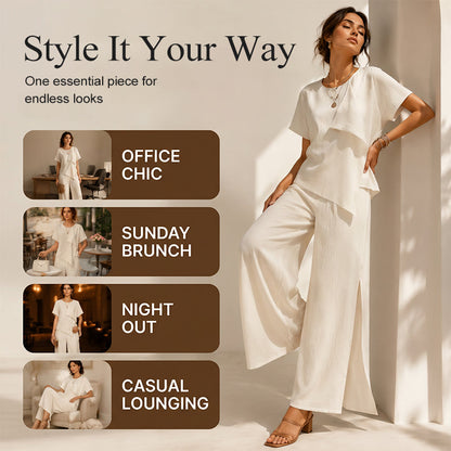 👗Damen-Set mit asymmetrischem Oberteil und Hose mit weitem Bein – elegantes Statement-Zweiteiler ✨