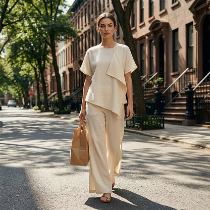 👗Damen-Set mit asymmetrischem Oberteil und Hose mit weitem Bein – elegantes Statement-Zweiteiler ✨
