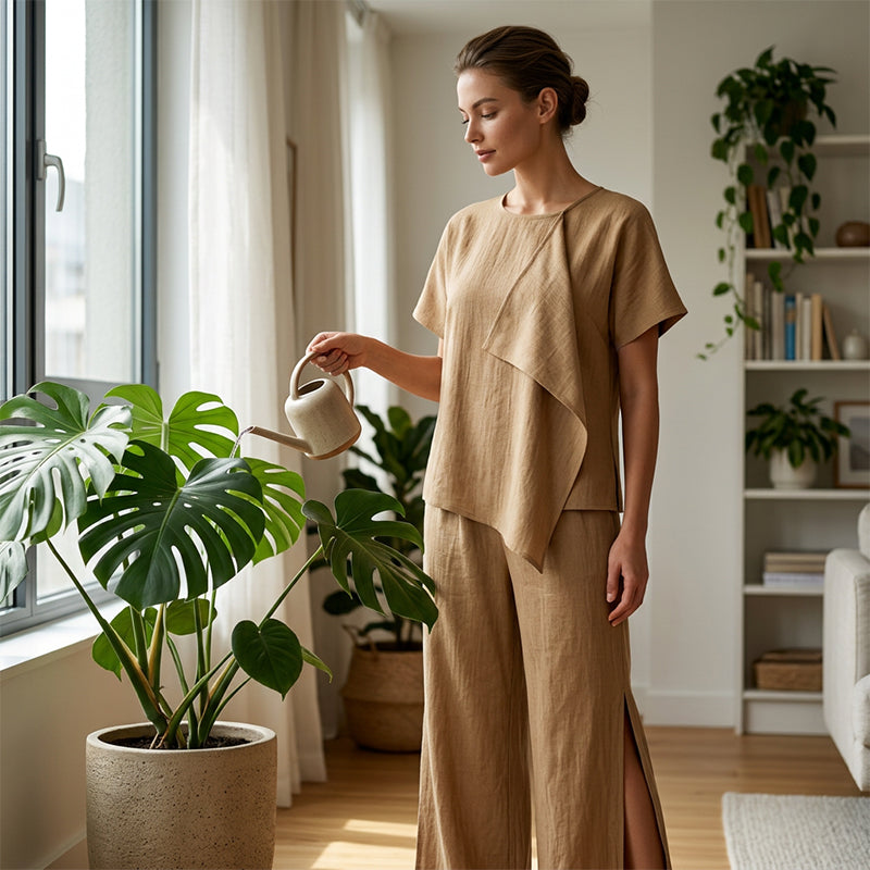 👗Damen-Set mit asymmetrischem Oberteil und Hose mit weitem Bein – elegantes Statement-Zweiteiler ✨