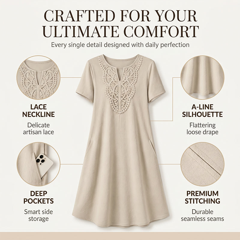 👗Damen Boho Spitzen V-Ausschnitt T-Shirt-Kleid – Müheloser Sommer-Chic✨