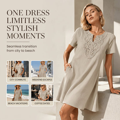👗Damen Boho Spitzen V-Ausschnitt T-Shirt-Kleid – Müheloser Sommer-Chic✨