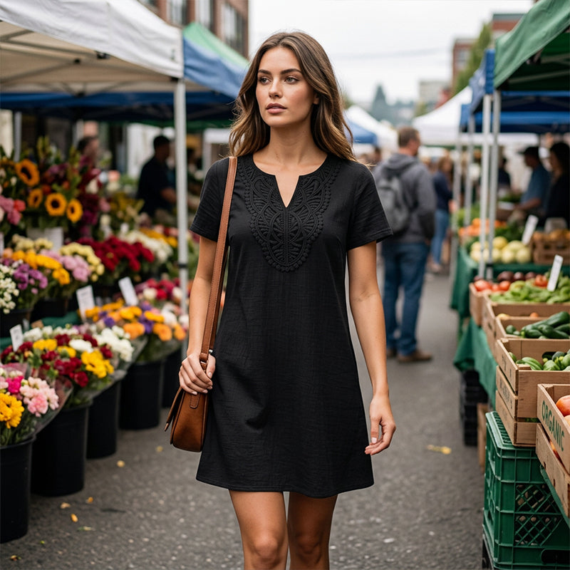 👗Damen Boho Spitzen V-Ausschnitt T-Shirt-Kleid – Müheloser Sommer-Chic✨